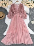 Summer New Women's Dress Fashion Temperament Lace Skirt Lantern Sleeve V-neck Waist Slim Chiffon Pleated Long Skirt Fairy Skirt