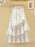 Nukty New Temperament Skirt Summer Floral Irregular Ruffle All-match A-line Skirt Breathable Fairy Cake Skirt Fashion Party