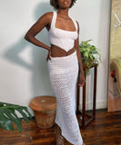 Nukty Purple Knitted 2 Piece Summer Set Women Sexy Crochet Vacation Beach Outfits Hollow Out Bandage Long Skirt And Cropped Set