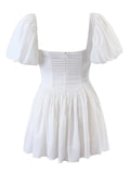Nukty Fashion Women White Corset Sexy Dress Vintage Puff Sleeve Elegant Ladies Princess Party Mini Dresses Skater Robe