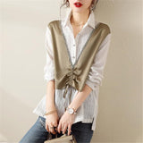 Women's Korean Patchwork Fake Two Pieces Shirts Spring Autumn Trendy Loose Chic Blouse Simple Casual Drawstring Long Sleeve Tops