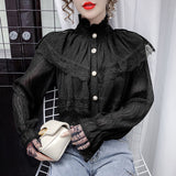 Nukty Solid Patchwork Elegant Blouse Women Spring Lace Designer Chiffon Bouse Female Office Lady Casual French Korean Tops Women