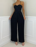 Nukty Summer Casual Suspenders Long Jumpsuit Women Sexy Fashion Solid Sleeveless Sashes Pleated Wide Leg Jumpsuit Orange Female