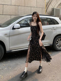 Nukty Y2k Vintage Black Floral Dress Women Korean Style Mesh Irregular Split One Piece Slip Long Chiffon Fairy Dresses Summer