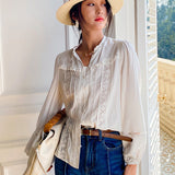 Nukty French Elegant Lace Cardigan Shirt Women Cotton Chic Button V Neck Long Sleeve Bluoses Solid Color Commute Tops Female