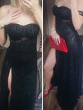 Nukty Off Shoulder Sparkle Glitters Floor Length Split Party Maxi Dress Full Lining Padded Backless Long Black Dress