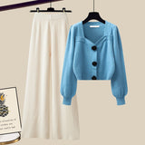 Nukty Winter Knit Sets Womens Outfits French Vintage Square Collar Knitted Sweater And Wide Leg Pants Two Pieces Sets Office Lady Sets