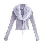 Women Faux Fur V-Neck Patchwork Cardigan Knitting Short Sweater Female Chic Long Sleeve Single Breasted Slim Blue Tops Hot-sale
