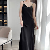 Nukty Tri-Acetate Satin Silky V-Neck Temperament Female Summer Beautiful Silk Suspender Dress New Long Skirt Is Thin