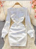 Nukty Autumn New Celebrity Sexy Square Neck Satin Dresses Long Sleeve Women White Hip Wrap Slim Pleated Mini Short Dress