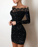 Nukty Black Slash Neck Lace Collar Sexy Tight Mini Dress Female Long Sleeves Bodycon Party Dress