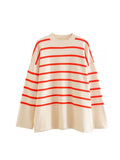 Nukty Casual Knitted Sweater Autumn Femme Vintage V Neck Striped Loose Elegant Pullover Chic Jumper Women's Long Sleeve Top