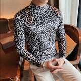 Nukty Flannel T-shirt Winter Men High Collar Pullover Fashion Leopard Slim Fit T-shirt Long Sleeved Velvet Casual Bottoming Shirt
