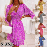 Nukty Women Summer Fashion Bohemian Dress Nipped Waist Pullover Deep V Neck Beach Dress Print Short-sleeve Floral Bright Dress
