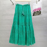 Boho Elegant White Long Skirt Women Hook Flower Hollow Folds Hem High-waisted Skirts Casual Holiday Female Clothes