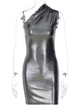 Nukty Pu Leather One Shoulder Sleeveless Draped Mini Prom Dress Summer Fall Women Elegant Y2K Evening Party Club Clothes