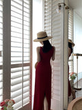 Nukty Summer Solid Color French Retro Hepburn Dress Summer One Shoulder Sleeveless Waist Slim Long Skirt Party Waist Fold