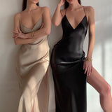 Nukty Summer Women's Sexy Satin Silk Spaghetti Straps Slit Long Dress Elegant Sleeveless Backless Club Party Beach Sexy