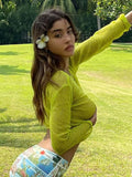 Nukty Y2K Sexy Transparent Green Tops Cropped Hot Summer Long Sleeve Knit Beach Top Tees Slim Clothes Casual Club Streetwear