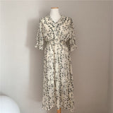 Nukty Vintage Korea Fashion Clothing Summer Slim Elastic Waist A Line V Neck Elegant Office Lady Floral Chic Chiffon Long Dress Retro