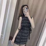 Nukty Vintage Summer Women Tweed Bandage Dresses for Women Party Sleeveless Bow O-Neck Plaid Elegant Casual Empire Bodycon Short Dress