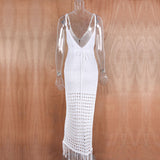 Nukty Beach Dress Ladies Summer Suit And Tunics Cover Up Sexy Knitted Hollowed-Out Beach Blouse Lace-Up Fringed Maxi Dress