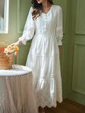 Lace Elegant Women's Dress Spring Hollow Button V Neck Lantern Sleeve White Long Dresses Boho Casual Holiday Vestidos