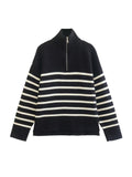Nukty Casual Knitted Sweater Autumn Femme Vintage V Neck Striped Loose Elegant Pullover Chic Jumper Women's Long Sleeve Top