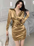 New Prom Party Fashion Women's Stain Dresses Slim Skinny V-neck Hip Mini Dress Urban Ladies Pleated Long Sleeve Sexy Dress