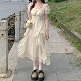 Nukty Vinatge Sweet French Midi Dresses Women Casual Short Sleeve Beading Chiffon Dress Elegant Female Party One Piece Dress Korean