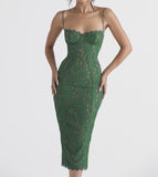 Nukty Elegant Lace Spaghetti Strap Sexy Midi Dress For Women Fashion Sleeveless Backless Club Party Print Long Dress Vestido