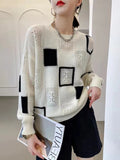 Nukty Fashion Tops Women Oversized Sweater Autumn Winter New Colorblock Plaid Knitted Pullovers Round Neck Retro Warm  Sweaters