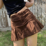 Preppy Style Low Waist Denim Pleated Shorts Skirts Womens Contrast Stitching Aesthetic Vintage Grunge Mini Jean Skirt