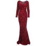Nukty Long Sleeve Padded Sequin Maxi Dress Floor Length Sparkles Stretch V Neck Mermaid Formal Evening Night Party Gown Grey Black Red