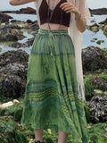Vintage Green Long Skirt For Women Aesthetic Graphic Print Hight Waist Bohemian Skirts Fairy Grunge Streetwear Ladies Clothes