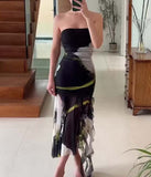 Nukty Print Tulle Corset Dress Women Off Shoulder Pleated Dress Woman Summer Backless Dresses for Women Female Party Dress