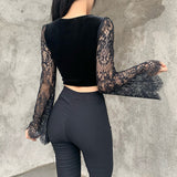Nukty 90s Vintage Velvet Black Crop Top Elegant Lady Lace Flare Sleeve V Neck T-shirt Harajuku Grunge Retro Tees Women Gothic Clothes