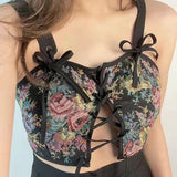 Nukty Floral Beach Party Sexy Bustiers Crop Women Backless Bandage French Vintage Halter Top Korean Fashion Boho Lace with Corset
