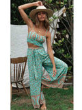Boho Vintage Pattern Print Women 2 Piece Set Spring Midriff Baring Wide Leg Pant Retro Chic Beach Vacation Women Set