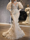 Nukty Evening Gowns Women Party Dress Full Lace Beading Feather Prom Dresses Long Sleeves High Neck Robe De Soir¨¦e