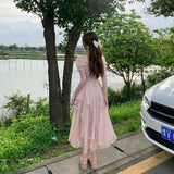 Nukty Vinatge Sweet French Midi Dresses Women Casual Short Sleeve Beading Chiffon Dress Elegant Female Party One Piece Dress Korean