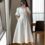 Nukty Vintage French Holiday White Dress Short Puff Sleeves Zipper Front A Line Slim Dress Vestidos Elegant Party Dress Summer