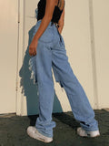 New Ladies Straight Jeans Hot Girl Ripped Hole High Waist Washed Distressed Jeans Personality Loose Slim Pants Women Jeans