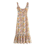 Nukty Summer New Lace Up Bowknot Strap High Waist French Vintage Printed Ruffle Dress Female Fashion Midi Dresses Women