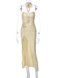 Nukty Satin Solid Halter Backless Draped Hollow Out Shirring Bandage Slim Maxi Prom Dress Sexy Summer Elegant Outfit Party