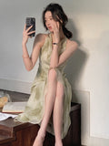 Nukty Vintage Sexy Sleeveless Neck-mounted Party Maxi Dresses for Women Halter Spaghetti Strap Folds Midi Dress Elegant Fashion Summer