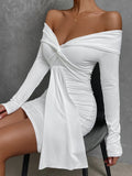 Nukty Sexy Tight Long Sleeve Short Club Dress White Evening Bodycon Dresses For Women Off Shoulder Party Mini Dress