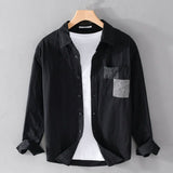 Nukty Spring Autumn Solid Long Sleeve Shirt Men Clothing Turn-down Collar Loose Casual Cardigan Man Simple Printed Pocket Tops