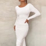 Nukty Backless Maxi Dress Elegant Red Long Sleeve Sexy Ruched Bodyocn Evening Party Dress for Women Spring Slim Christmas Outfits
