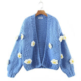 Winter Women's Cardigans Multicolor Floral Knitted Decoration Long Sleeve Loose Coats Warm Sweaters 3 Colors